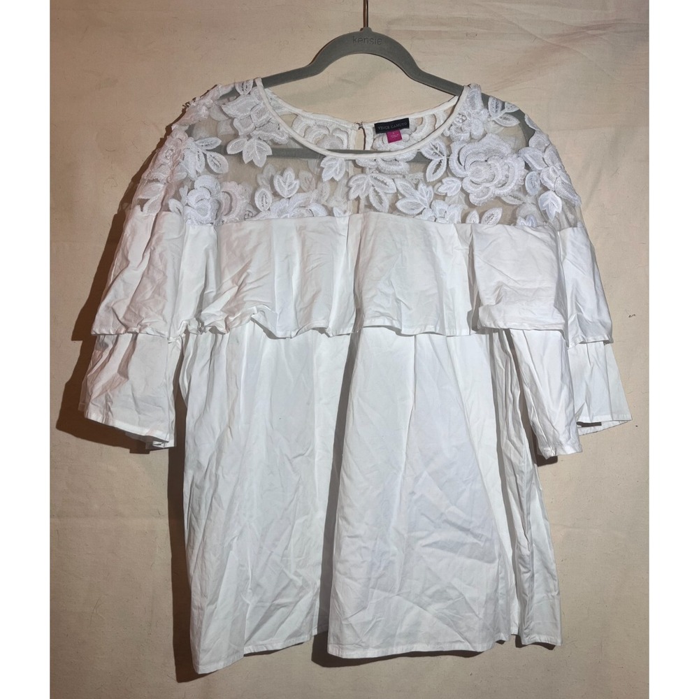 Vince Camuto Women's Size L White Lace Top Ruffled Short Sleeved Shirt E93